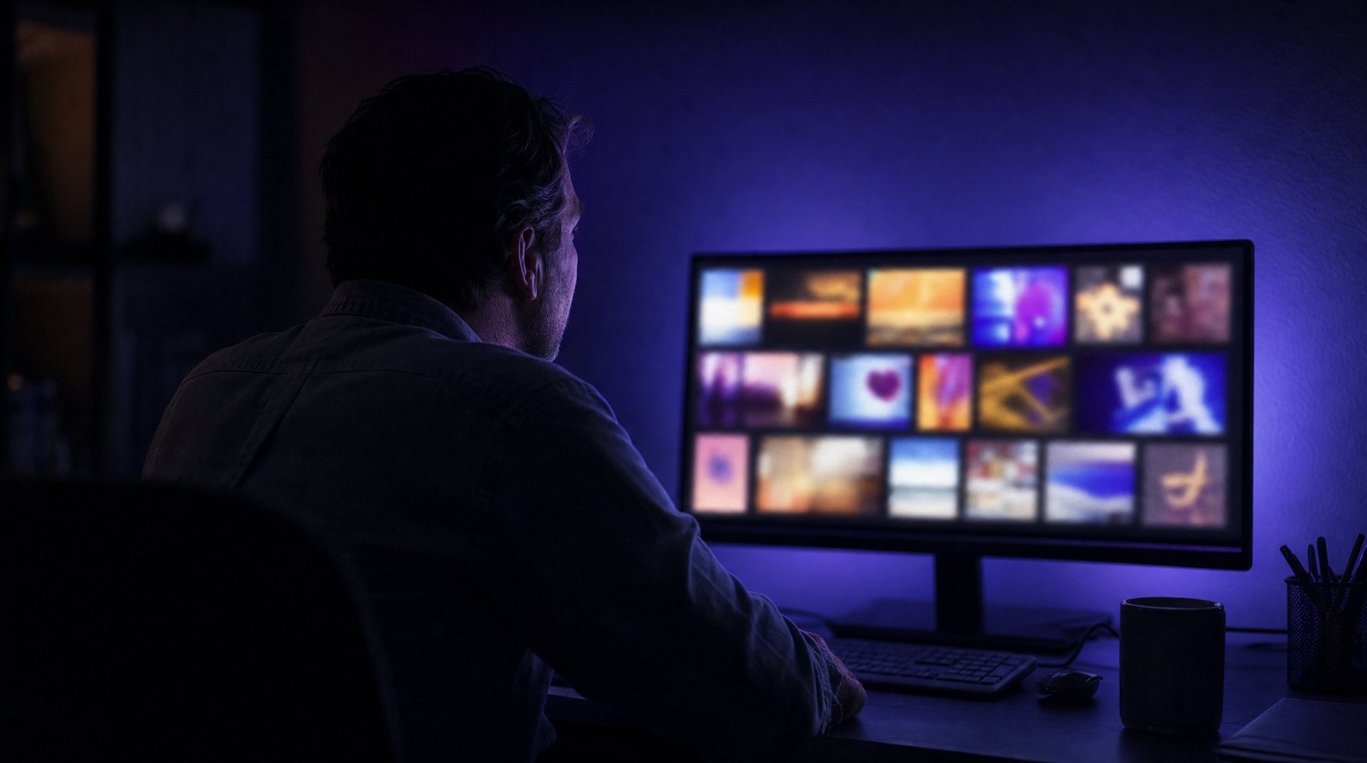 Propriétaire d'entreprise devant un écran rempli de visuels publicitaires